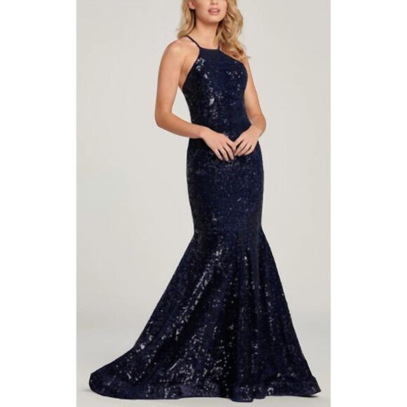 NEW COLETTE BY MON CHERI colette by mon cheri high neck halter sequin mermaid dr